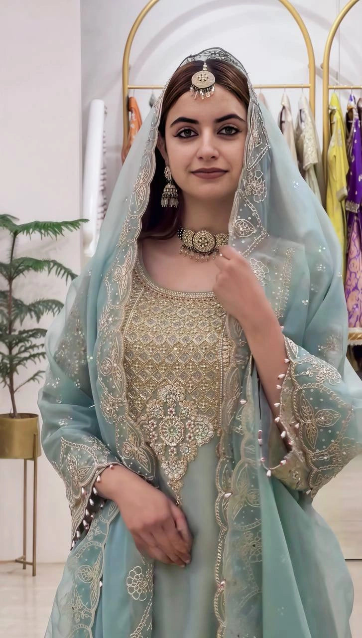 Sage Green Sequins Embroidered Sharara Suit portrait dupatta draped – Kalyanja KU305